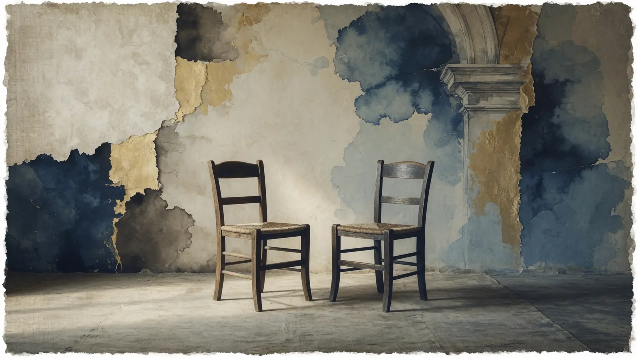 Three quiet chairs rendered in watercolor