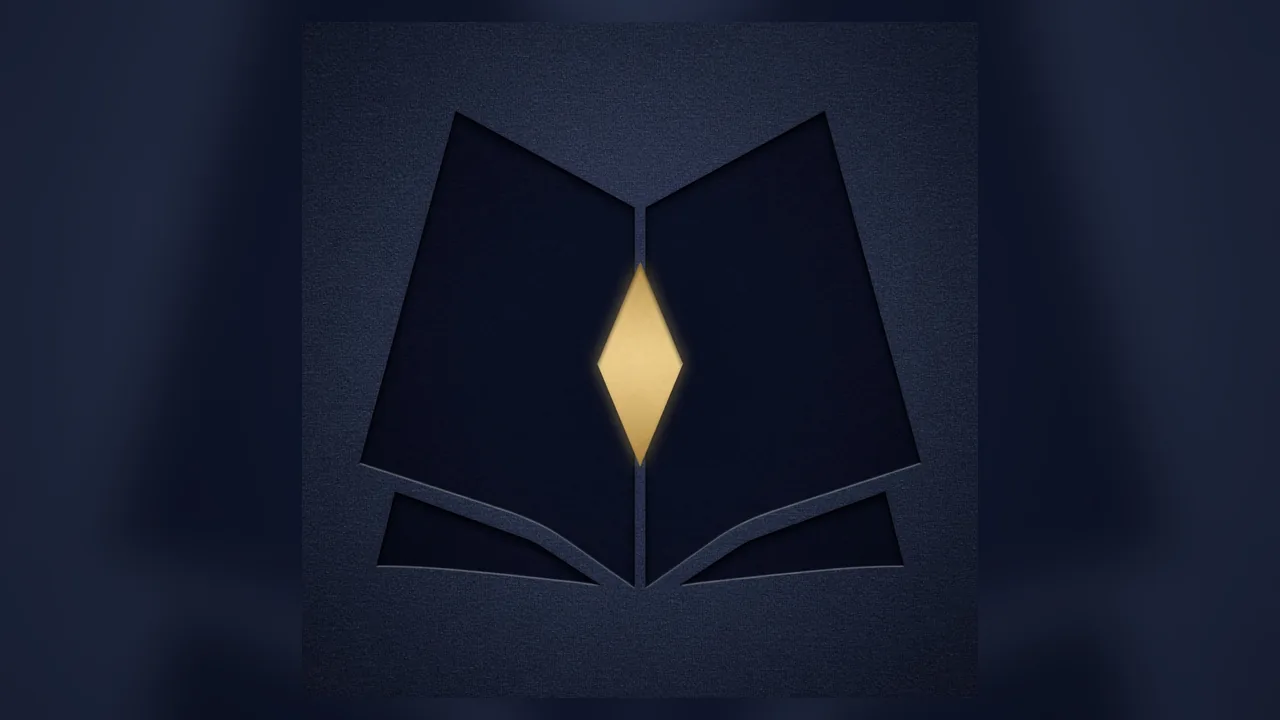 An abstract open-book symbol with warm central light